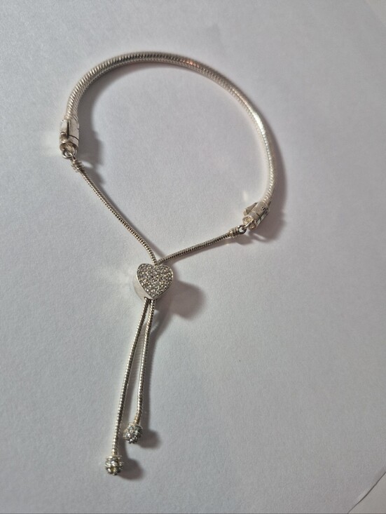 Pandora Jewelry - Pandora Sterling Snake Chain Pave Heart Slider Clasp Charm Bracelet Adjustable